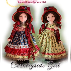Può includere: Due bambole con abiti Countryside Girl. Gli abiti sono in vari colori, tra cui rosso, blu e giallo, con motivi floreali e di ciliegie. Le bambole indossano cappelli abbinati. L'immagine include il testo "Luminaria Dream Dresses for Your Doll" e "Includes Step by Step Photos".