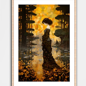 Gustav Klimt Inspirierte Landschaft Kunstdruck Wand Haus Dekor Poster Wandbild Mond Nachthimmel gemütliche moderne Kunst Vintage Ölgemälde Künstler Bäume Holz