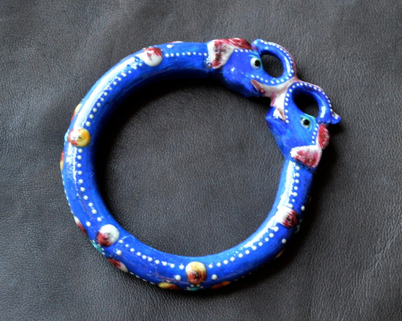 Kissing Elephant Bangle Painted Blue Bracelet from India image 3