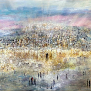 Jerusalem city Contemporary Judaica Art PRINT On Canvas 47 X 31 Inch signed by J,Bitton