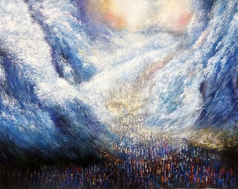 Yam Suf v.2 crossing the sea Contemporary Judaica Art PRINT On Canvas 120x80 cm signed by J,Bitton