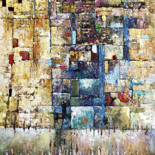 Kotel gold blau abstrakte Kunst Giclée Druck auf Leinwand 47 * 31 Zoll signiert von Yossi Bitton