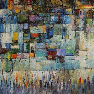Kotel western wall in blue abstract Judaica Art PRINT On Canvas 47.2 X 31.4 Inch signed by Yossi Bitton