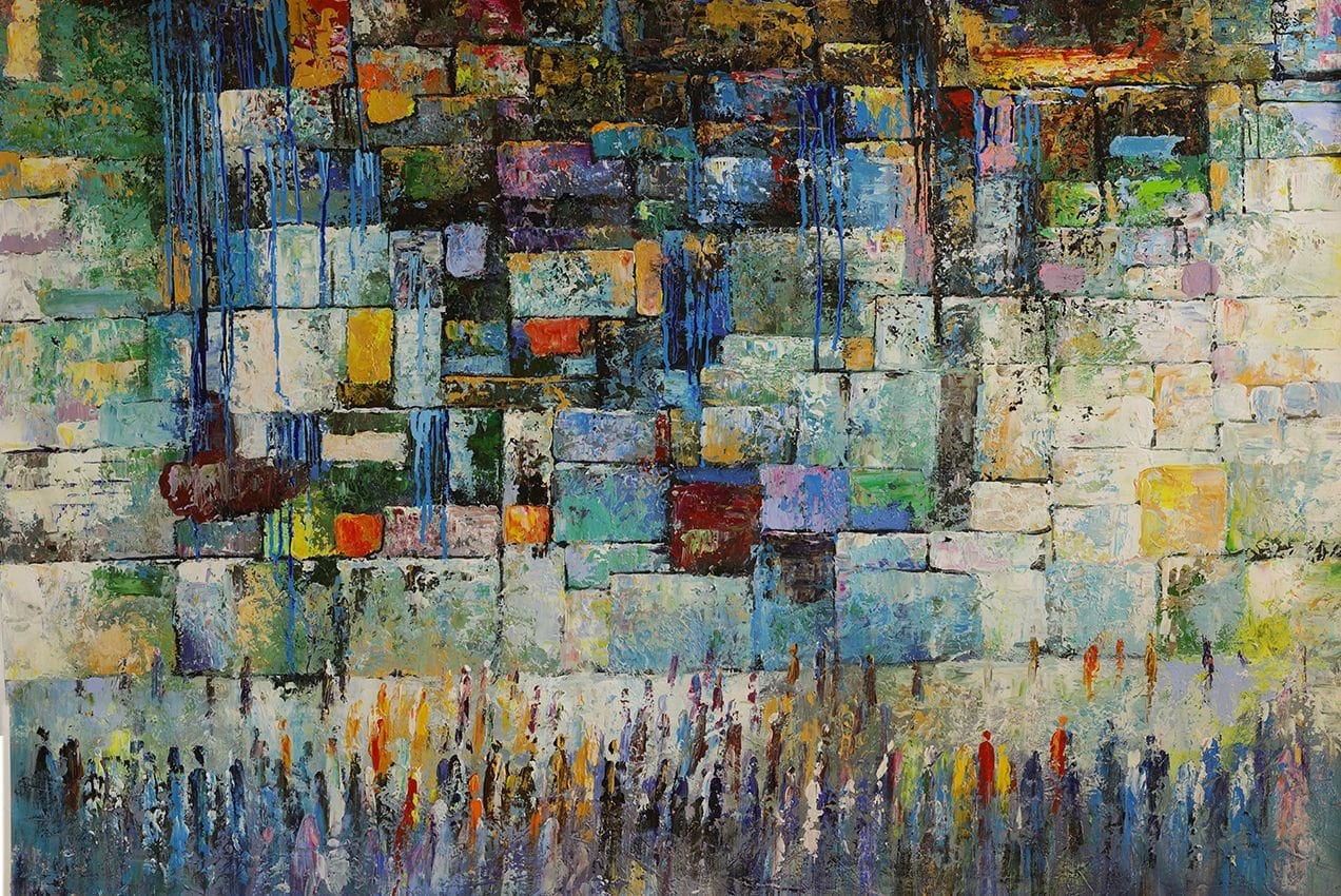 Kotel western wall in blue abstract Judaica Art PRINT On Canvas 47.2 X 31.4 Inch signed by Yossi Bitton