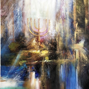 Menorah Contemporary Judaica Art PRINT On Canvas 110X85CM signed by Yossi Bitton