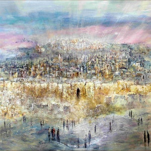 Jerusalem alte Stadt Zeitgenössische Judaica Kunstdruck auf Leinwand 47 X 31 Inch signiert von J,Bitton