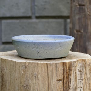 May include: A small, round, light blue and grey ceramic bowl with a slightly flared rim. The bowl has a speckled texture and is sitting on a wooden tree stump. The background includes a grey brick wall and a wooden post.