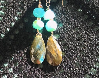 Sterling Flashy Labradorite Blue Peruvian Opal Earrings