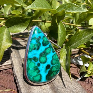May include: A large, teardrop-shaped ring featuring a vibrant turquoise and green stone. The stone has a unique pattern of swirling green spots and is set in a silver band. The ring is displayed on a wooden surface with green foliage in the background.
