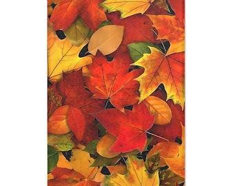 May include: A rectangular print featuring a dense, overlapping pattern of autumn leaves in vibrant shades of red, orange, yellow, and muted green. The design showcases various maple and deciduous leaf shapes, creating a textured, seasonal display.