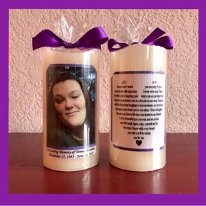 May include: Two white pillar candles with a purple ribbon tied around the top. The candle on the left has a photo of a woman on the front and the text "In Loving Memory of Tiren November 17, 1983 - June 2017". The candle on the right has a purple label with text that reads "I know I watch you leave with agony that neither you nor I can describe. I watch you smiling and laughing and dancing around me. You tell me with your eyes you know you have to go. But I try with all my days begging you to not leave. Don't get mad because you have a life that was destined and one so truly beautiful just wait. I want you to know when your life begins again, enjoy yourself and be free from the laugh I can't wait with every breath you take you'll be taking one for me."
