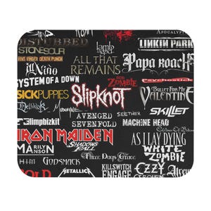 May include: A black background with a collage of various rock band logos in red, white, and yellow. The logos include Slipknot, Iron Maiden, Papa Roach, Linkin Park, and many more.