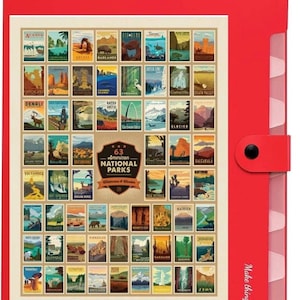 May include: A red file folder with a white sticker featuring 63 American National Parks. The sticker shows a collage of vintage-style illustrations of each park. The text "63 American National Parks Wilderness & Wonder" is printed on the sticker. The folder has a black button on the side and a pink tabbed divider.