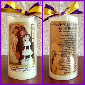 May include: A white candle with a photo of a couple on their wedding day and a wedding cake. The candle has a message that reads "In Loving Memory of A Very Special Husband".