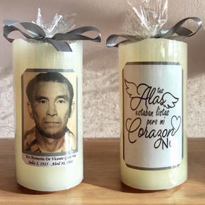 Spanish Memorial Flameless Pillar Candle w Timer for Dad. Personalized Gifts, includes Photo and Poem. Gift for her,Gift for him