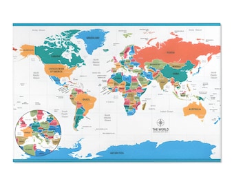 May include: A colorful world map with country names and borders. The map includes a detailed inset of Europe. The title "THE WORLD" is at the bottom right. The map is bordered in blue.