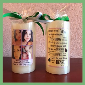 May include: Two white pillar candles with personalized labels. The left candle has a collage of four photos of a young woman and a baby. The label reads "In Loving Memory of Cheyenne Kaelene Castaneda August 28, 1994 - May 8, 2021". The right candle has a label with a poem that reads "I thought of you today but that is nothing new. Yesterday and  days before that too I think of you in silence I often speak your name All I have are memories and your picture in a frame Your memory is a keepsake from which I'll never part God has you in his arms I have you in my heart."