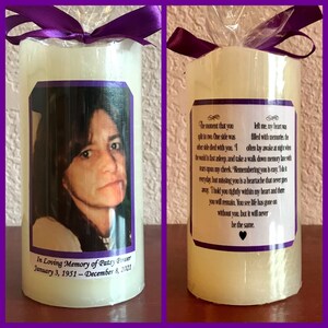 May include: A white candle with a purple ribbon and a photo of a woman on the front. The candle has a label that reads "In Loving Memory of Patsy Power January 3, 1951 - December 8, 2021". The back of the candle has a label with a quote about remembering someone who has passed away.