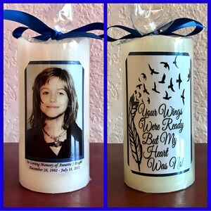May include: A white memorial candle with a photo of a young girl and the text "In Loving Memory of Annette Bright December 28, 1992 - July 18, 2001". The other side of the candle has a black and white illustration of a feather and birds with the text "Your Wings Were Ready But My Heart Was Not."