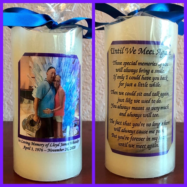 Personalized Memorial Flameless Candle Gift. Flameless Real Wax Candle w Timer. Includes Photo and Text. Explore Now!
