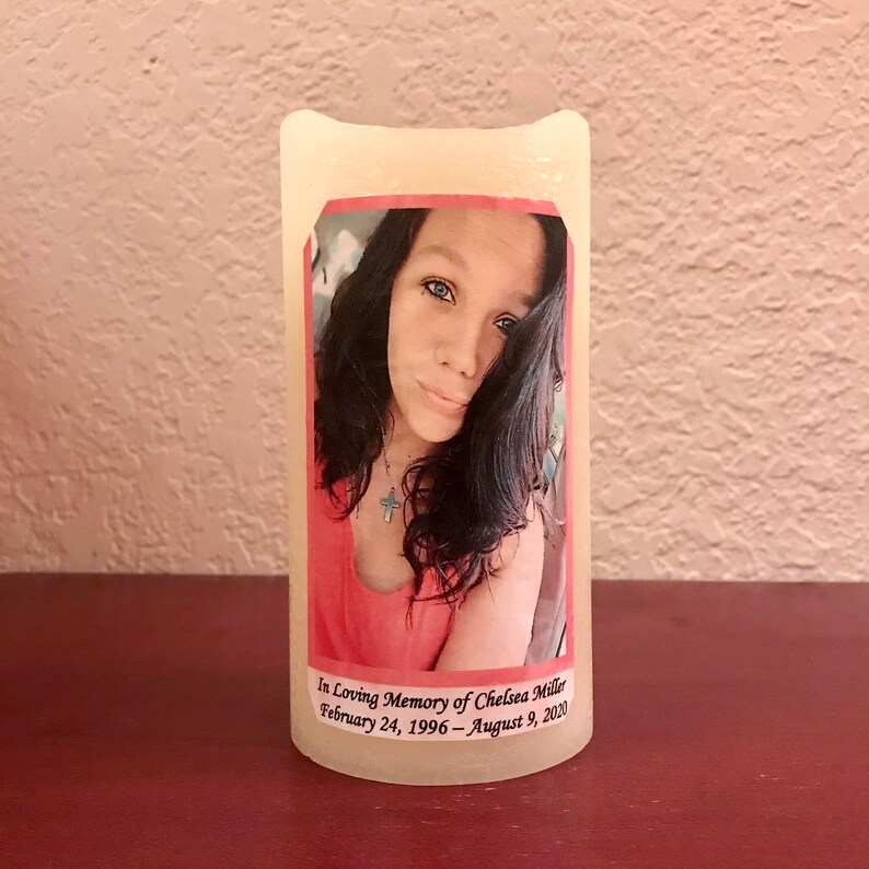 Real Wax Candle w Timer Personalized For Sister Memorial Flameless Candle Gift Explore Now! Includes Photo and Text
