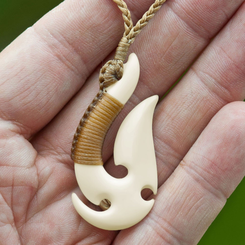 Hand Made Bound Maori Matau fish Hook Bone Carving Necklace From New Zealand  - Etsy