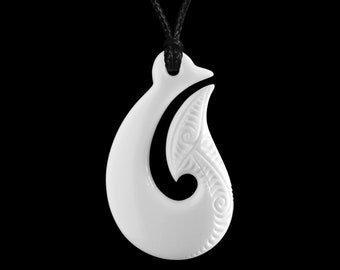 Hand Made Engraved Maori Matau (Fish Hook) Bone Carving Necklace from New Zealand