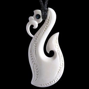 Large Maori Style Matau-Manaia Bone Carving Pendant from New Zealand