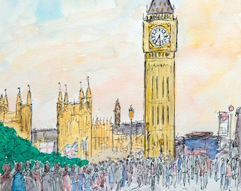 The Queue  - A3 Art Print of people queueing to view Queen Elizabeth II lying-in-state.