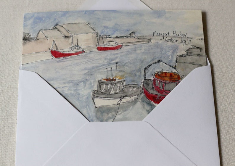 Maryport Harbour Watercolour and Ink Litho Print Greeting Card image 5