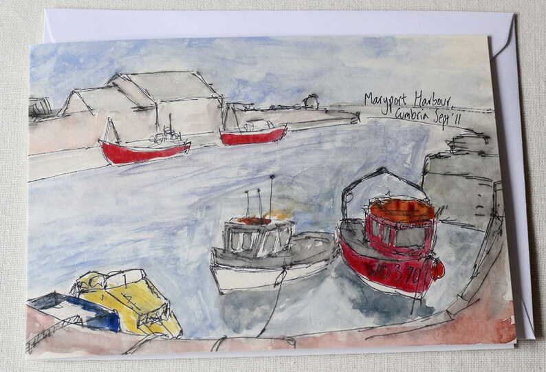 Maryport Harbour Watercolour and Ink Litho Print Greeting Card image 2