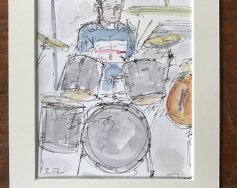 Open Mic Drummer Plumstead - Original pen and watercolour painting in 10 x 8 inch mount