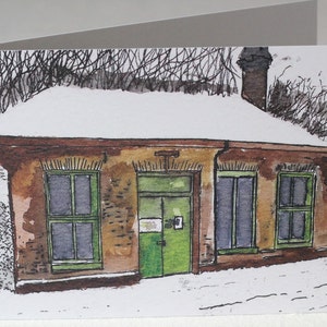 Maze Hill Old Ticket Office Acuarela y tinta Litho Print Tarjetas de felicitación