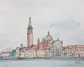 Venice plein air watercolour painting of San Giorgio Maggiore - Original framed watercolour painting