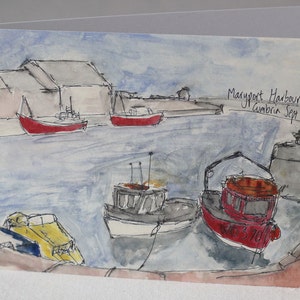 Maryport Harbour Watercolour and Ink Litho Print Greeting Card image 1