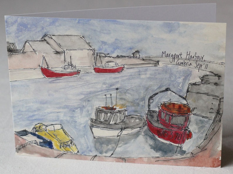 Maryport Harbour Watercolour and Ink Litho Print Greeting Card image 1