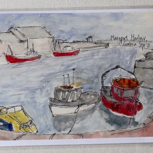 Maryport Harbour Watercolour and Ink Litho Print Greeting Card image 3