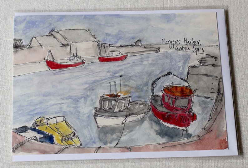 Maryport Harbour Watercolour and Ink Litho Print Greeting Card image 3