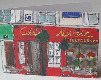 PACK OF 5 - Chez Marie, Paris Restaurant Watercolour Litho Print Greeting Card