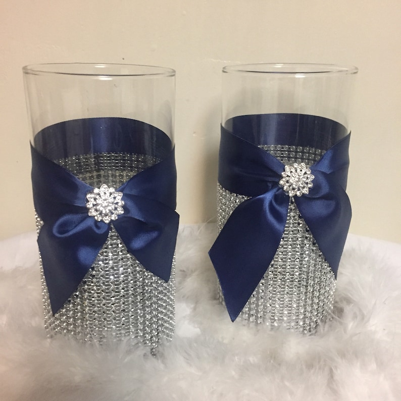 Navy blue wedding centerpiece vase with rhinestone bling Etsy