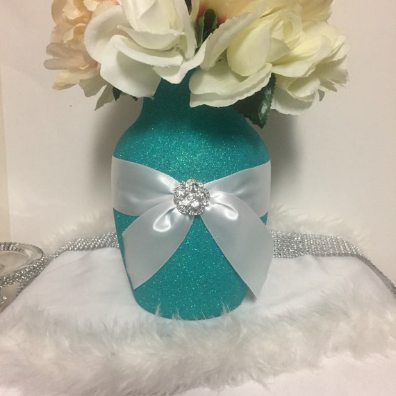 Wedding Centerpiece Aqua Blue Vase Centerpiece Glitter Etsy