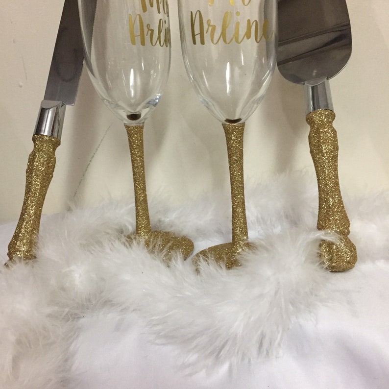 Gold glitter champagne flutes cake cutting set gold glitter Etsy