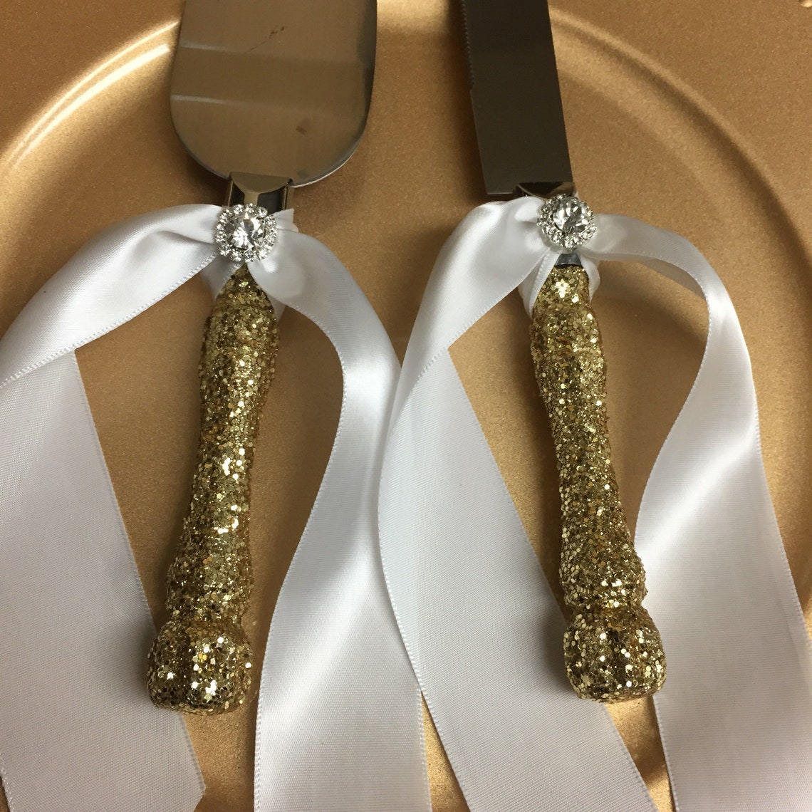 Gold cake cutting set gold glitter cake cutting set wedding Etsy