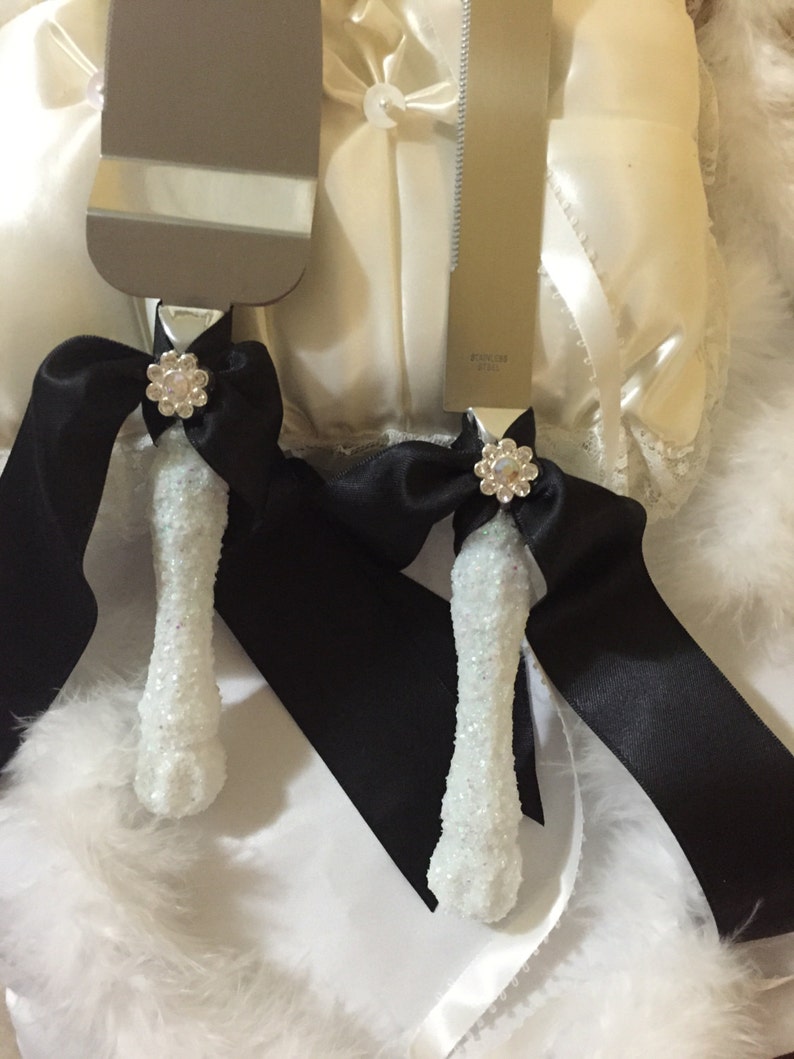 Wedding cake server set Cake cutting set white glitter black Etsy