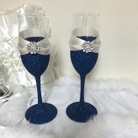Wedding Toasting Flutes Champagne Flutes Navy Blue Glitter Etsy