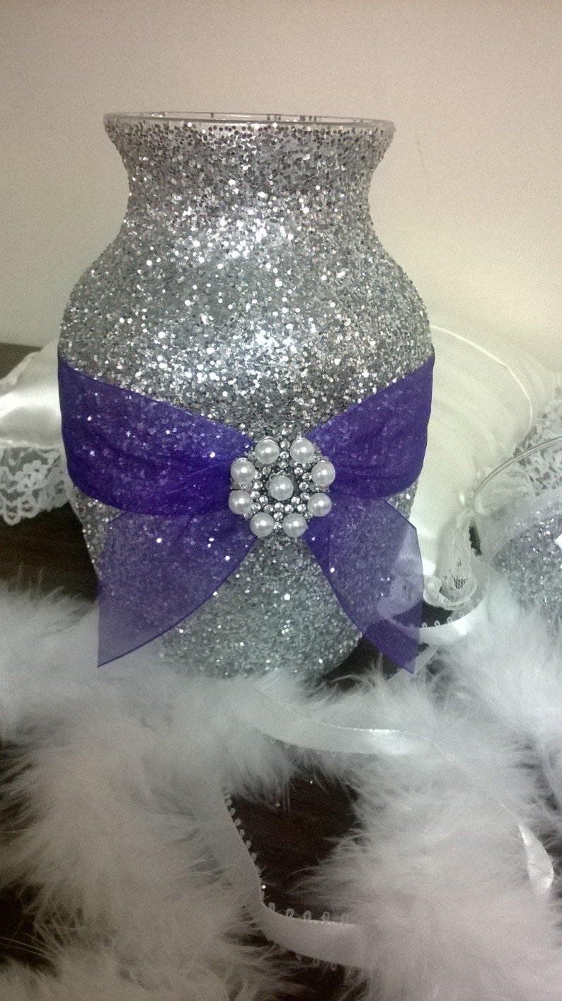 Silver glitter vase with purple ribbon wedding centerpiece Etsy