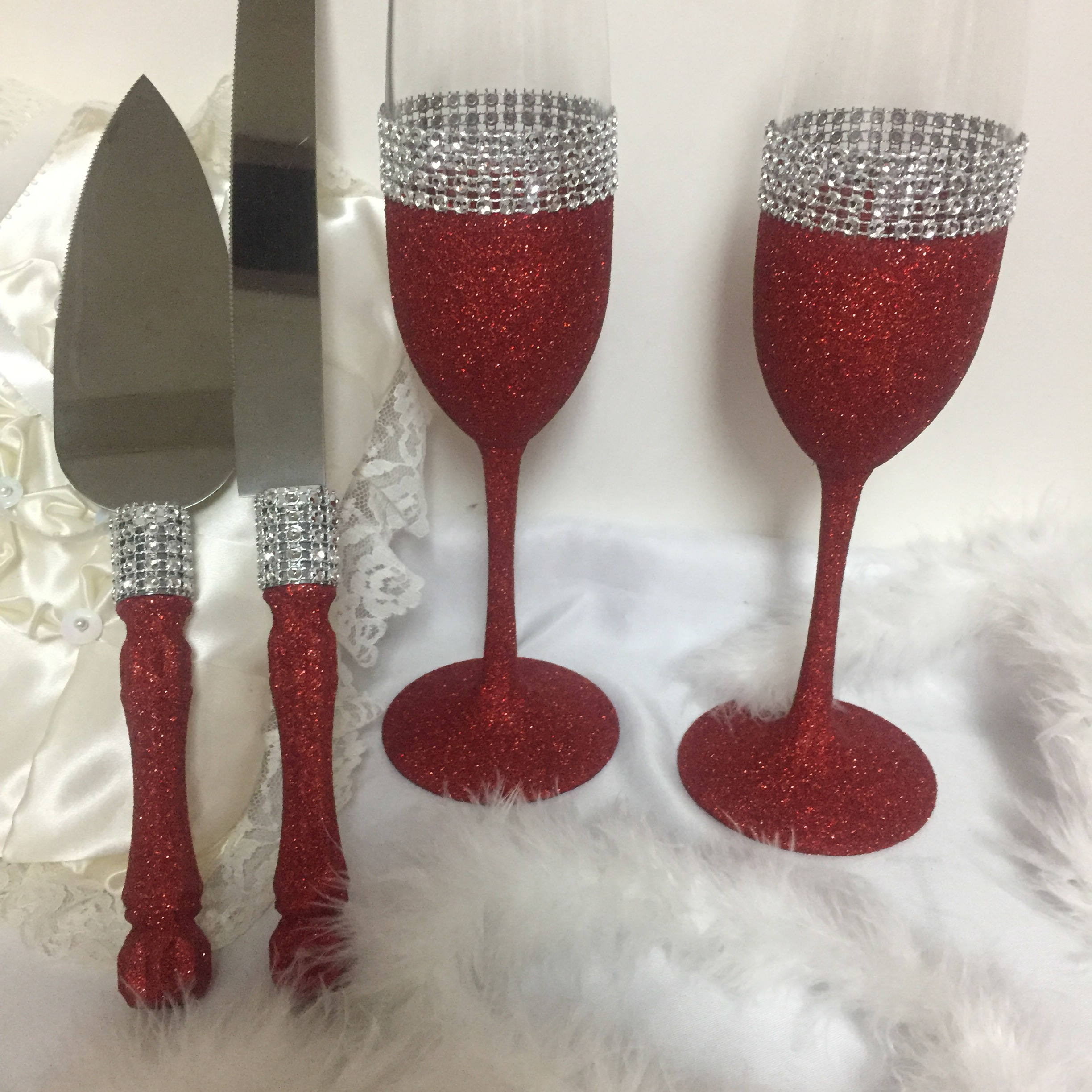 Red glitter cake server red toasting flutes champagne Etsy
