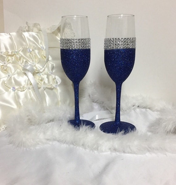 Wedding Toasting Flutes Champagne Flutes Navy Blue Glitter Etsy