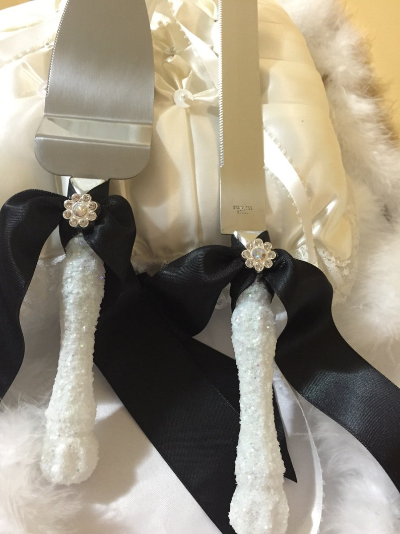 Wedding cake server set Cake cutting set white glitter
