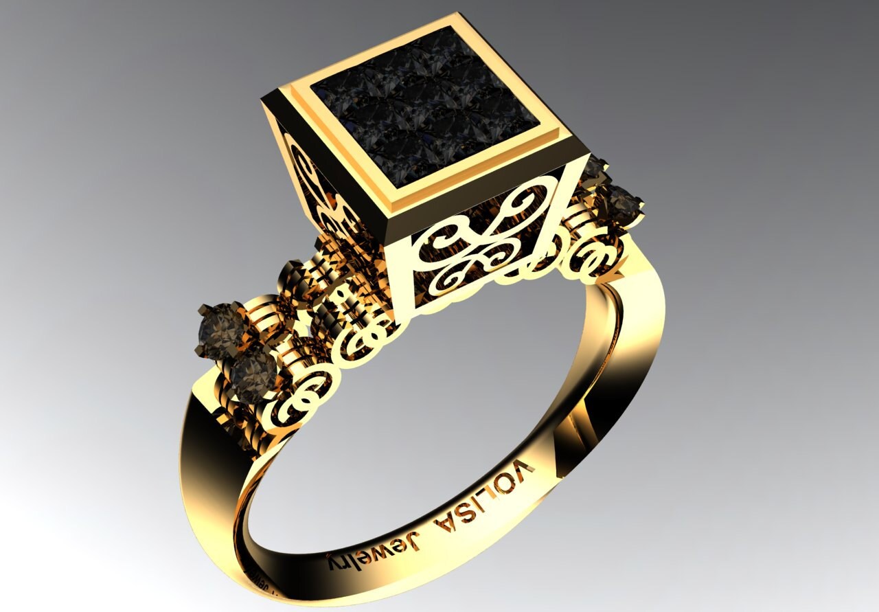 14 k Yellow Gold Unique Proposal Ring with Black Diamonds Etsy